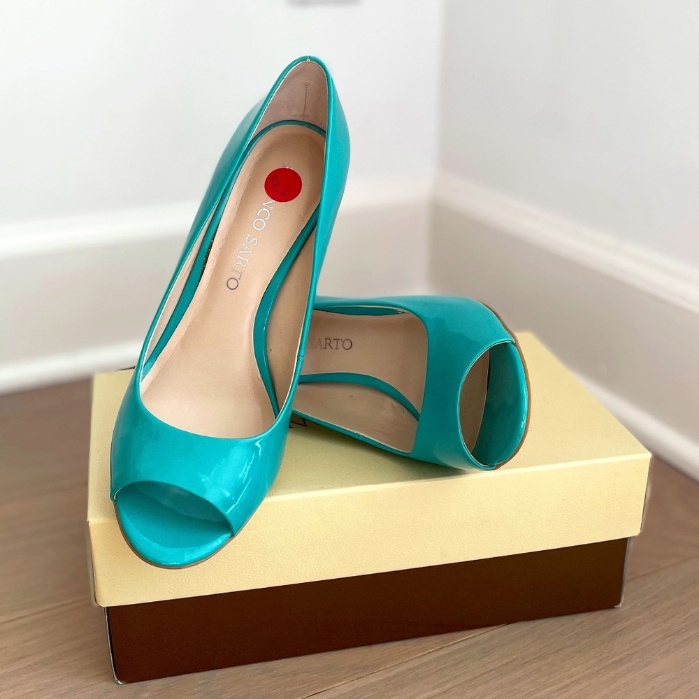New with tags! - Turquoise/Chrome Wedge Heels - Size 7.5 Women’s